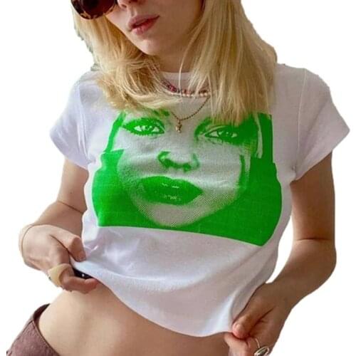 Ladies Summer Round Collar T-shirt, Creative Human Face Printing Short Sleeve Midriff-baring Tops Slim Base Shirt