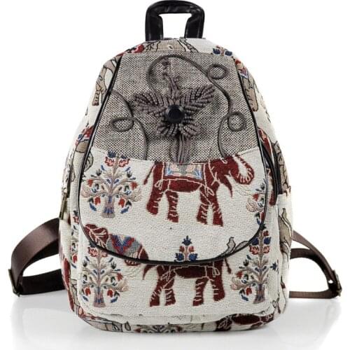 Thail Boho Women Linen Backpack Elephant Embroidered Backpack Canvas Girls Shoulder Bag Travel Rucksack Schoolbag Female Mochila