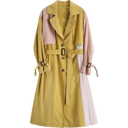 Women Yellow Contrast Color Patchwork Pleated Oversized Trench Fashion Loose Long Sleeved New Label Windbreaker Fall Coats