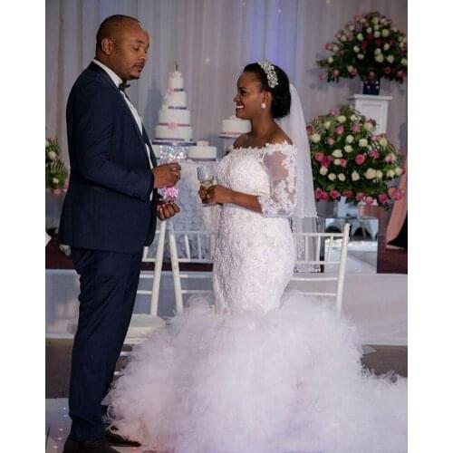 Plus Size African Mermaid Wedding Dresses Bateau Neck Lace Appliques Beads 3/4 Sleeves Lace Up Back Train Tiered Tulle Formal