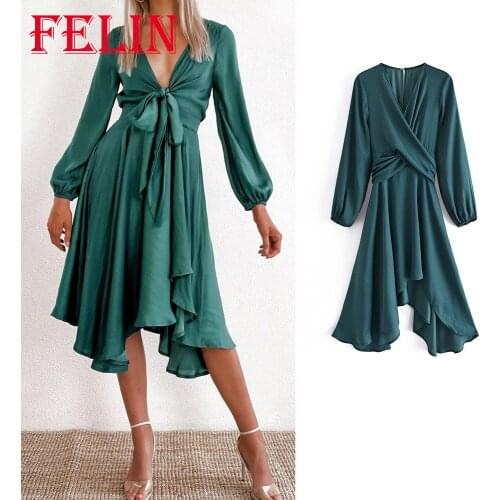 Za 2021 Chic Green Women Party Dress Fashion Autumn Long Sleeve Vintage Elegant Lace-up Dress Luxury V Neck Sexy Vestidos
