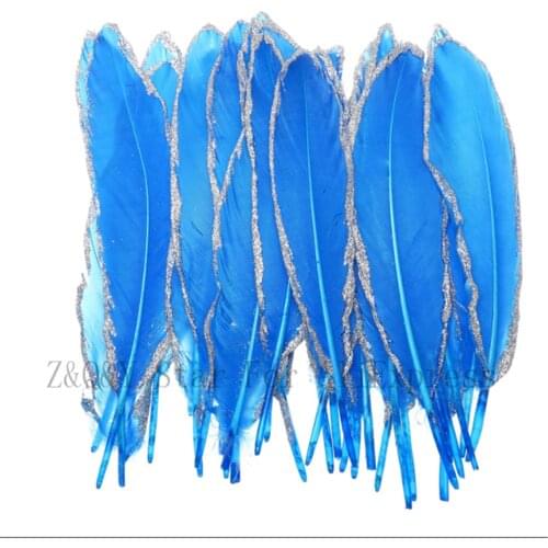10-100 natural 15-20CM (6-8 inches) goose feather dyed lake blue spray silver powder edge DIY craft jewelry feather