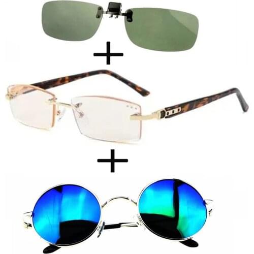 3Pcs!!! Titanium Gentleman Diamond Cut Reading Glasses Men Women + Round Polarized Sunglasses High Quality + Sunglasses Clip