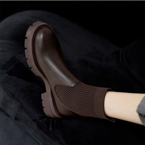 Ankle Boots Woman Slip-On Shoes Woman Fashion Knitted Elastic Round Toe Short Boots Platform Square Heels Leather Boots Women
