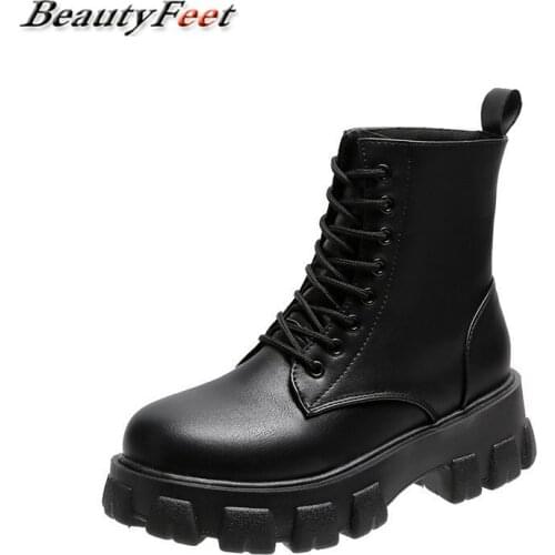Platform Boots Women Shoes Woman Solid Leather Thick Bottom High Heels New Autumn Winter Boots Lace Up Ankle Boots Plus Size