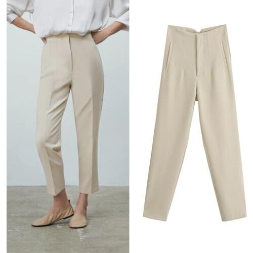 Za Women 2021 Trousers Suits High Waisted Pant Spring Fashion Office Lady Beige Elegant Casual Pants Pantalon Pour Femme