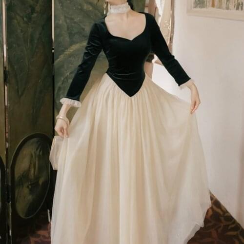 Hepburn Style Black Dress Square Collar French Retro Velvet Mesh Dress Elegant Party Dress High Quality Velour Dress Vestidos