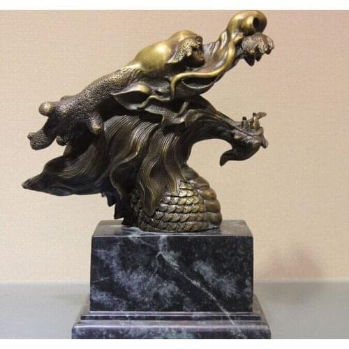 Fast shipping USPS to USA S0602 Art Statue Pure Copper Bronze Marble Artwork Dragon Head Marble Base Sculpture