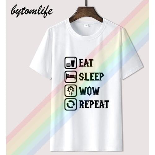 Eat Sleep Wow Repeat T-Shirt World Of Warcraft T-Shirt mens womens 100% cotton short sleeves tops tee printed Crewneck t-shirt