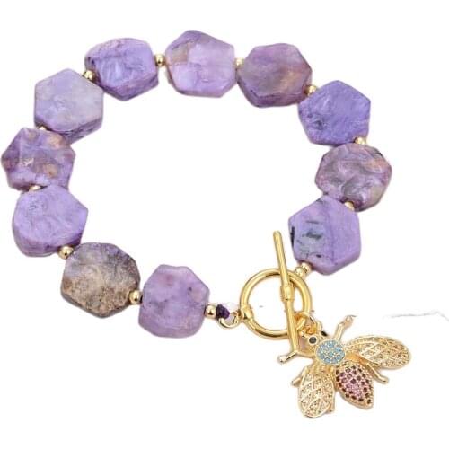 GG Jewelry Natural Hexangular Purple Charoites Bracelet Cubic Zirconia Pave Insect Charm 8" Vintage Style For Women