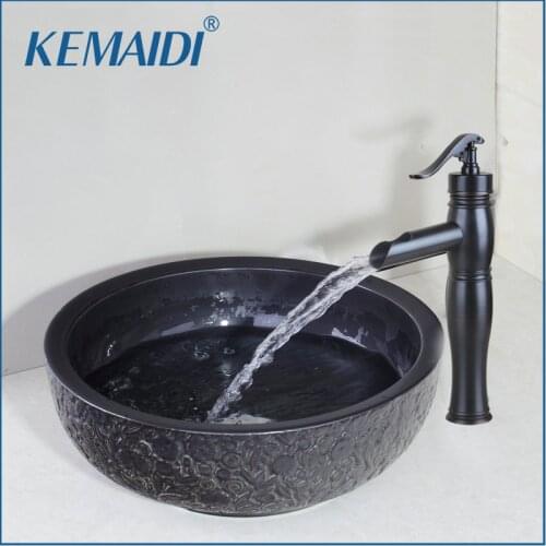 KEMAIDI Ceramic Bowl,Sink,Wash Oil Rubbed Bronze Faucet With Round Ceramic Bathroom Sink Set Bathroom Faucet&Sink Accessories