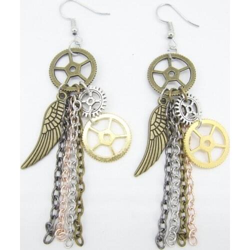 Nice Design Gears with Wing and Chain Tessels Vintage Steampunk Charms Earrings for Women