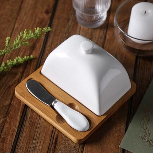 Creative Butter Dish Set Bamboo With Ceramic Cover Cake Knife Western Cheese Box Set Serving Tray For Home/ Hotel