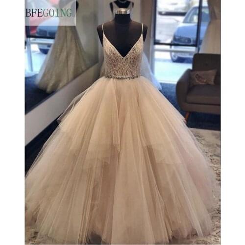Tulle Lace Beading V-Neck Spaghetti Straps Sleeveless Floor-Length Ball Gown Wedding Dress Chapel Train Custom Made