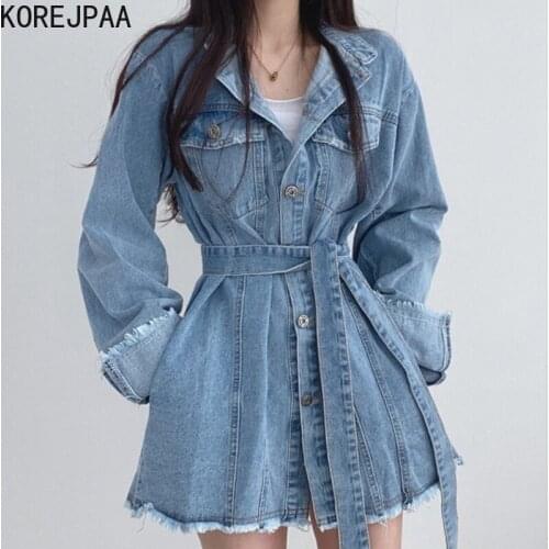 Korejpaa Women Jackets 2021 Autumn Korean Temperament All-Match Lapel Tie Waist Slimming Single-Breasted Raw Edges Denim Coat