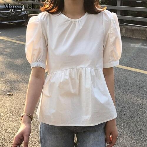 Summer Puff Short Sleeve 2021 Elegant O Neck Tops French Slim Patchwork Blouse Women New Cotton Shirt Clothes Blusa Mujer 14375