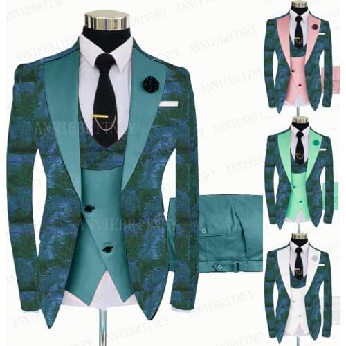Green Floral Printed Men Wedding Suit 3 pieces Groom Suit Tuxedo Slim Fit Dinner Prom Blazer Jacket Sea Blue Vest Pants