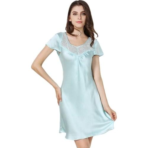 New 100% Silk Satin Women Nightgown Short Sleeves Nightdress Solid Color Elegant Ladies Sleepwear sp0043