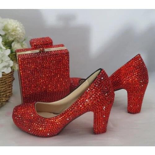 2021New Orange Crystal Women Wedding Shoes Bride Fashion High Heels Party Shoes With Matching Bags Round Toe Square Heel Handbag