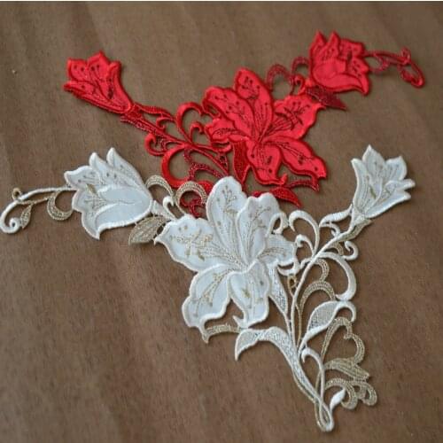 New (2pcs/lot)shiny thread embroidery red~ivory floral venise sewing dress lace applique embroidery lace18021212