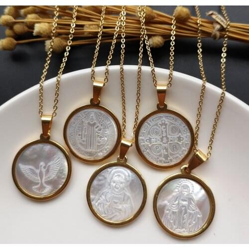 Stainless Steel Natural Holy Spirit & Grace Mother Pearl Necklace San Benito & Guadalupe & Cross Pearl Necklace for Gift