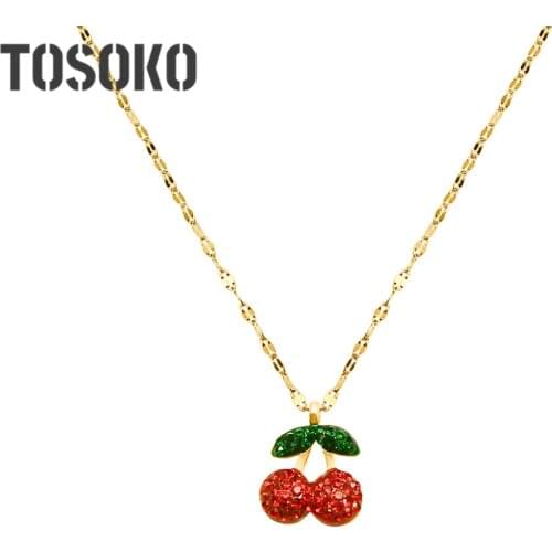 TOSOKO Stainless Steel Jewelry Red And Green Zircon Cherry Pendant Necklace With Sky Star Clavicle Chain BSP605