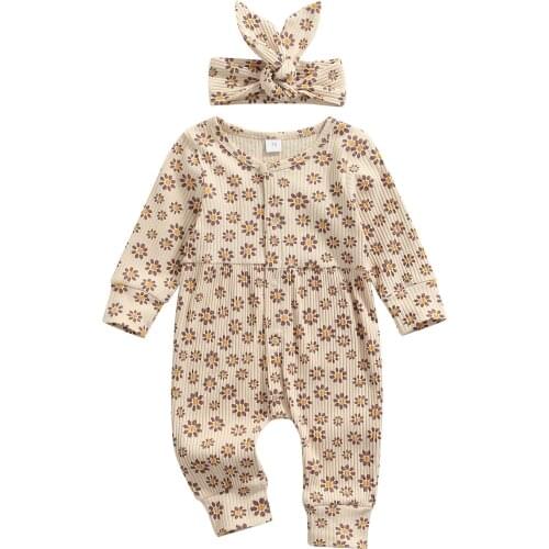 2 Pcs Newborn Baby Girls Casual Outfits, Toddler Flower Print Long Sleeve Round Neck Jumpsuit + Bowknot Headband Spring Autumn