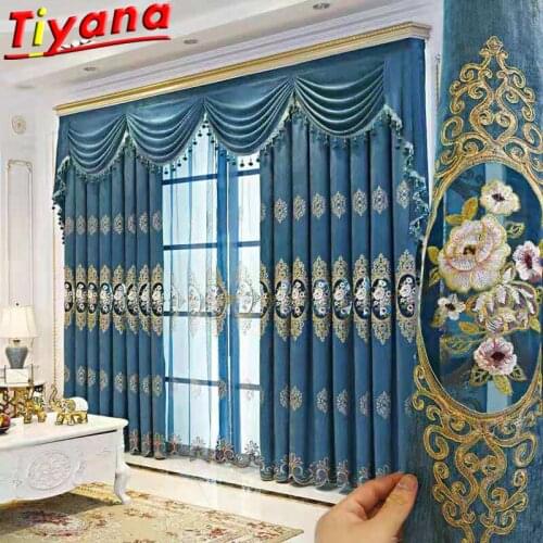 Luxury Blue Chenille Embroidery Curtains for Living Room Hollow Nordic Tulle Out Window Drapes for Bedroom #VT