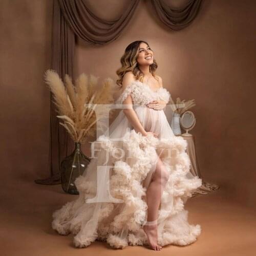 Off Shoulder Premium Soft Ivory Tulle Maternity Robes Babyshower Party Dresses 2021 Custom Made Ball Gown Ruffles Tiered Dress