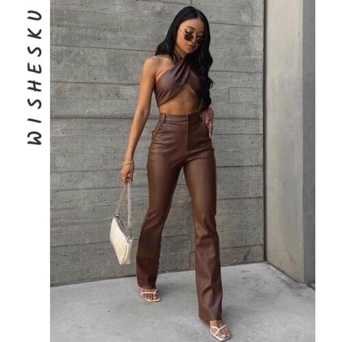 Sexy PU Faux Leather FashionTwisted Halter Backless Camisole Top And Straight Slim Pants Two Pieces Set Club Party Matching Sets