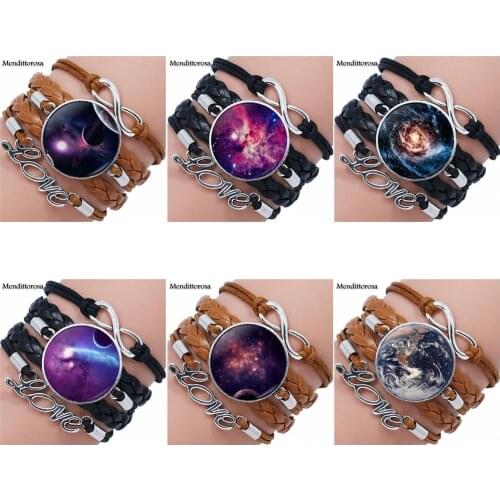 Northern Lights For Lovers Best Friendship Glass Cabochon Anime Jewelry With Multilayer Black/Brown Leather Bracelet Bangle