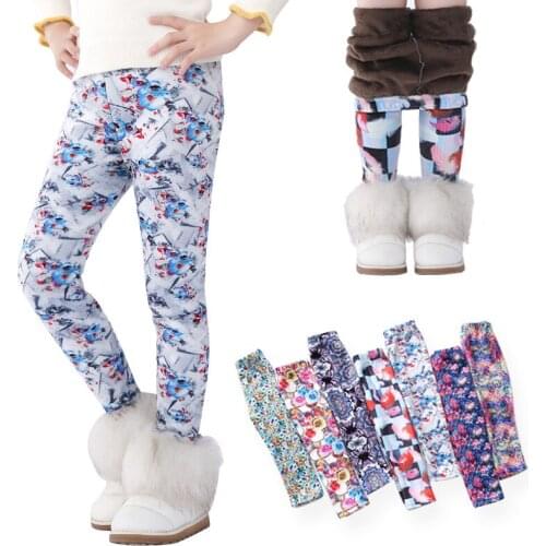 Autumn Winter Warm Baby Girls Skinny Leggings Flower Printed Kids Girls Trousers Plus Velvet Thicken Children Leggings 3-10T