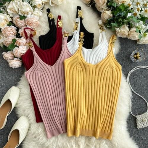 Vintage Sexy Women Chain Button Pitted Knitted Tanks Summer Solid Female Fashion Camisole Backless Party V-neck Tops New
