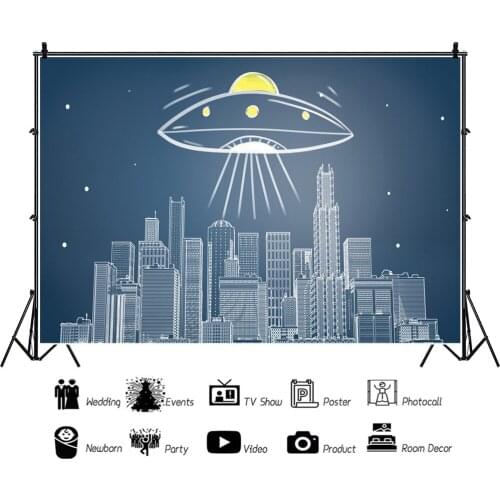 Stick Figure Flying Saucer Tall Building Portrait Photography Backdrop Decor Photo Background Studio Photocall Props