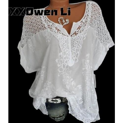 Summer Lace Hollow out Short Sleeve Womens Blouses Tops 2021 Loose White Patchwork Shirt Plus Size 5XL Women T-shirt Tops