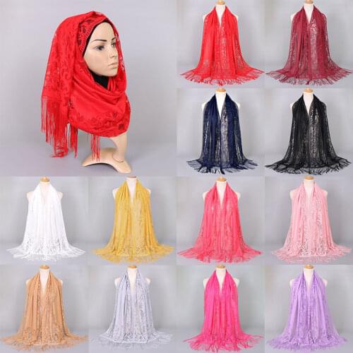 Women Lace Shawls Wrap Hollow Out Soft Muslim Hijab Solid Color Malaysia Headscarf White Black Hijab Scarf Long Tassel Scarves