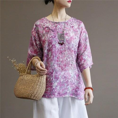 Johnature Women Clothes 2021 New Summer Shirts Casual Short Sleeve Button Print O-neck Tops Vintage Linen Loose Women Blouses