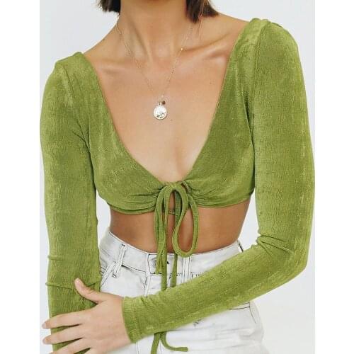 Womens Casual Long Sleeve T-Shirt Fashion Solid Color Drawstring Sexy V-Neck Exposed Navel Tops Green Skin-Friendly /Comfortable