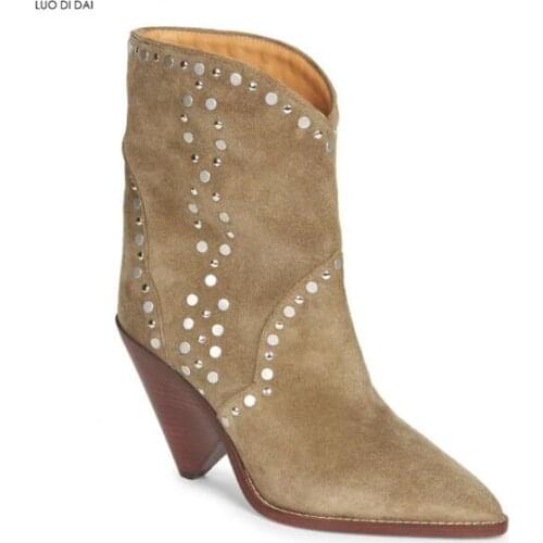 2020 fashion new women suede boots POINTED TOE ankle BOOTS beading stud booties party shoes ladies sliver rivets western botas