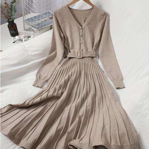 2021 New Knitted Women Bodycon Party Dress Long Sleeve Pleated Solid Stretchy Dresses Office Lady Slim A Line Vestido with Belt