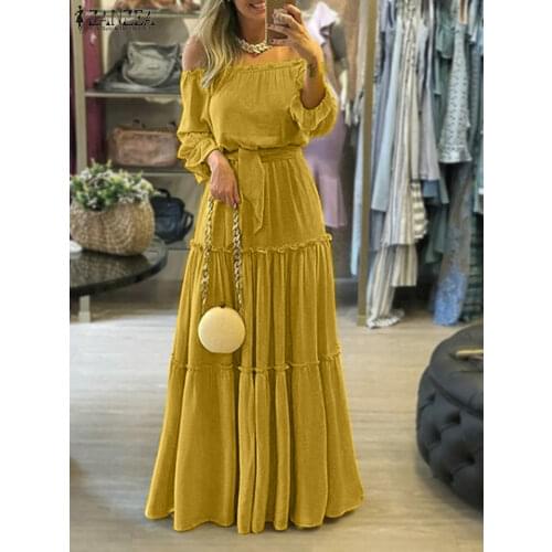 ZANZEA Fashion Off Shoulder Vestidos Female Lace Up Belted Dresses Beach Holiday Ruffle Robe Womens Bohemian Long Maxi Dress