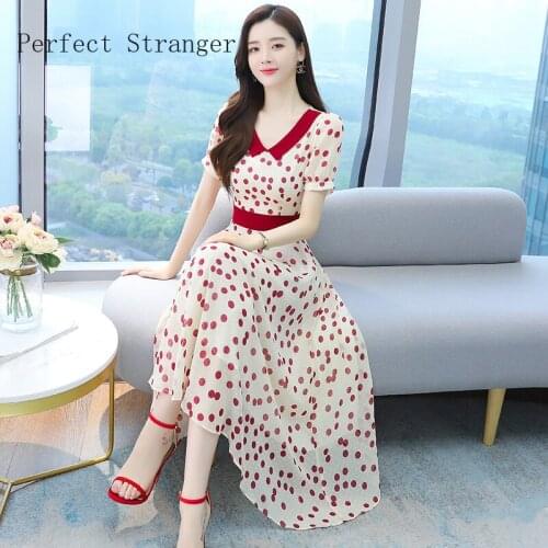 High Quality 2021 Summer Dress For Women Peter Pan Collar Dots Printed Short Sleeve Women Chiffon Long Dress