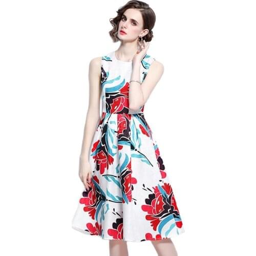 BunniesFairy 2021 Summer Women Hepburn Elegant Vintage Bright Flower Floral Print Midi Dress Sleeveless OL Office Lady Work Wear