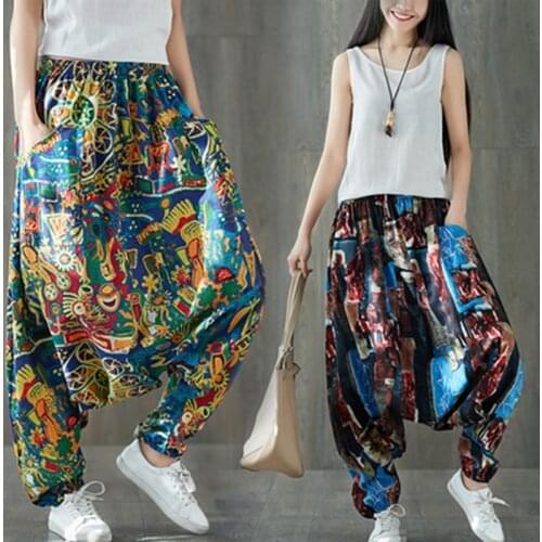 Ethnic Baggy Harem Pants Women Causal Print Hippie Joggers Cross-Pants Loose Trousers Lantern Wide Leg Cotton Linen Pants