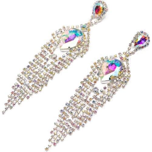 Long Tassel Drop Earrings for Women Silver Crystal Colorful Rhinestone Dangle Earrings Jewelry