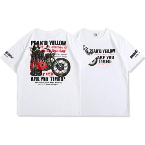 Japanese Rock And Roll Motorcycle T-shirt Mens Vintage Letter Print T Shirt Summer Short Sleeve Hip Hop Cotton Tops Tee Shirt