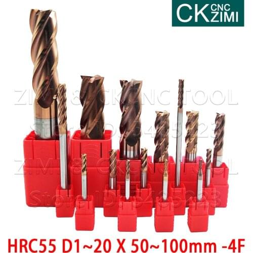 HRC55 4 flute D1~20 50~100mm end mill Milling Cutter Alloy Coating Tungsten Steel endmills cutting tools CNC maching End mill