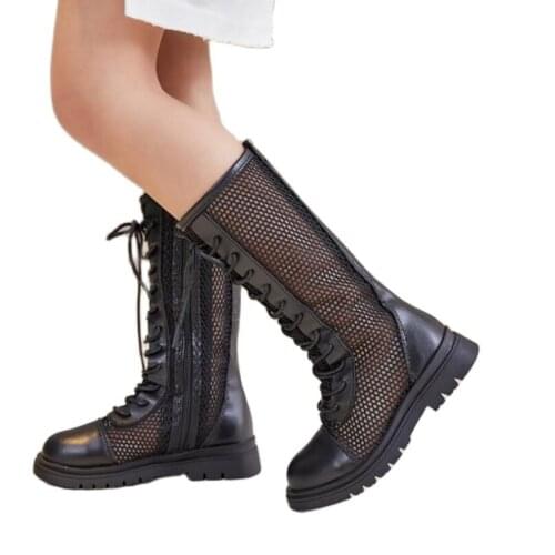 Summer shoes for baby girls high boots teenage Flat with mesh tie fashionable shoes children outwear school party wedding shoes