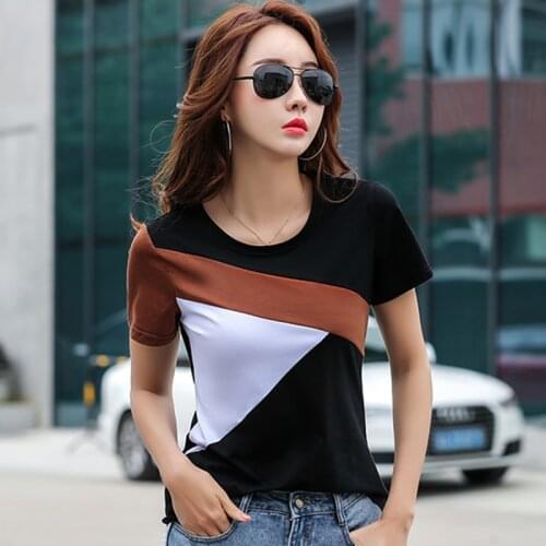 LJSXLS Cotton O-Neck Women T shirt Summer Slim Short Sleeve Womens T-shirt Contrast Color Casual Female Top Korean Fashion Tees