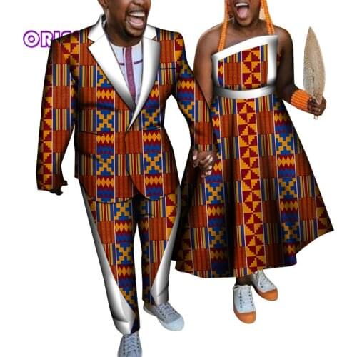 Fashion Man Suits Set and Women Dress African Clothes for Couple Bazin Riche Wedding Party Dress for Both Private Custom WYQ648